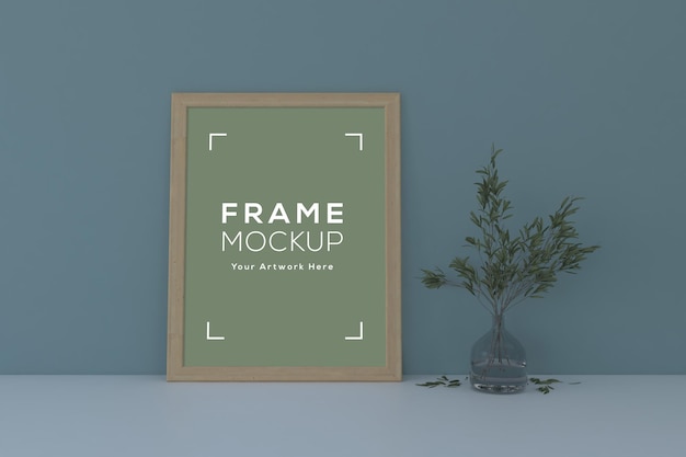 Blank wooden frame mockup with plant 3d rendering