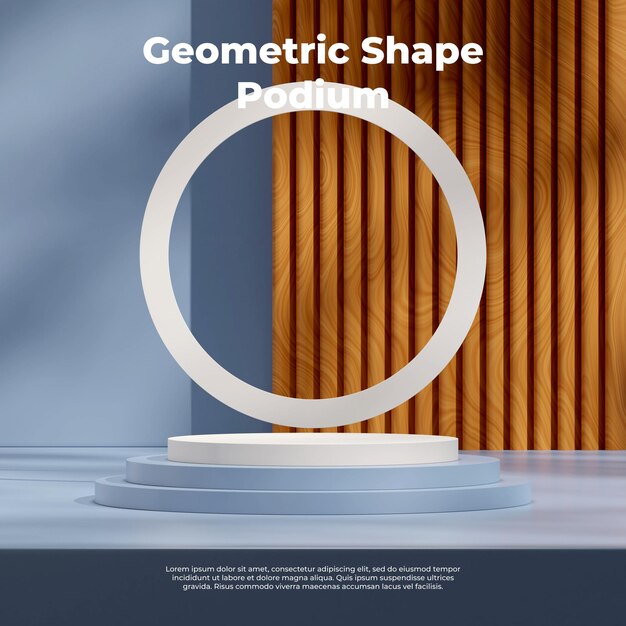 Blauw en wit podium met cirkel en houten achtergrond 3d-renderingsjabloonmodel in vierkant