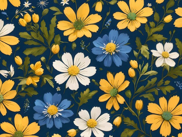 Blauw gele en witte wilde bloemen patronen AIGenerated.