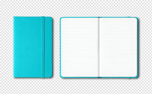 Blauw gesloten en open gevoerde notebooks mockup geïsoleerd op transparante achtergrond