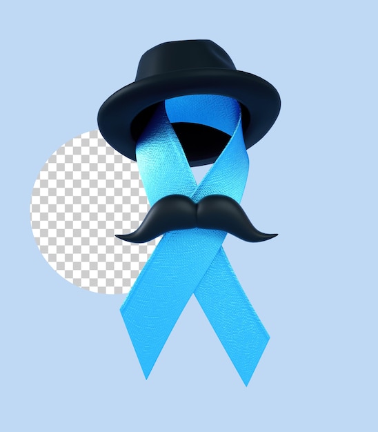 Blauw lint met hoed en snor geïsoleerd met transparante achtergrond voor Prostate Cancer Awareness Month