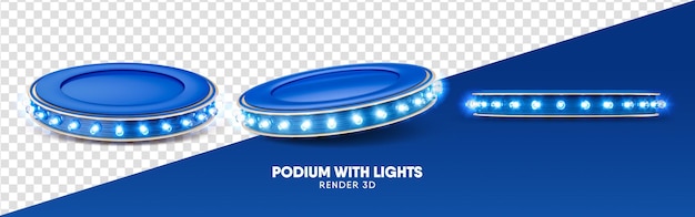 PSD blauw podium 3d render met lichten in meerdere perspectieven op transparante achtergrond