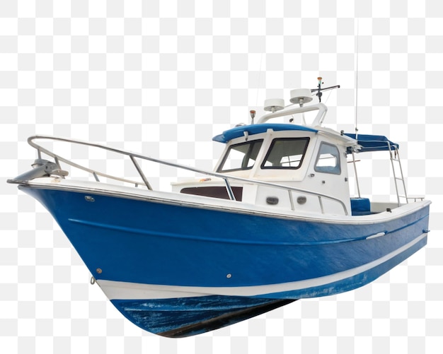 Blauw-witte motorboot geïsoleerd op witte achtergrond
