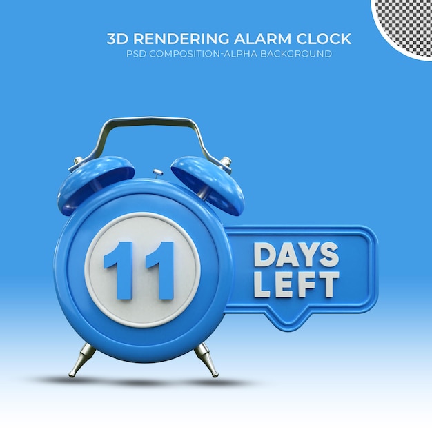 Blauwe 3d-rendering wekker met nog 11 dagen premium