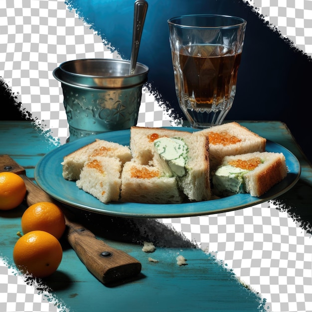 PSD blauwe biljarttafel met houten plaat met een toast sandwich op transparante achtergrond