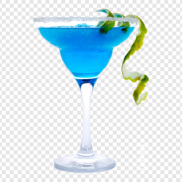 Blauwe cocktail in een margarita glas met limoen garnish