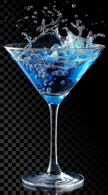Blauwe cocktail in Martini glas met splash op zwarte achtergrond