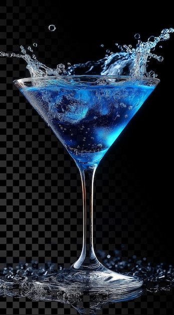 Blauwe cocktail in Martini glas met splash op zwarte achtergrond