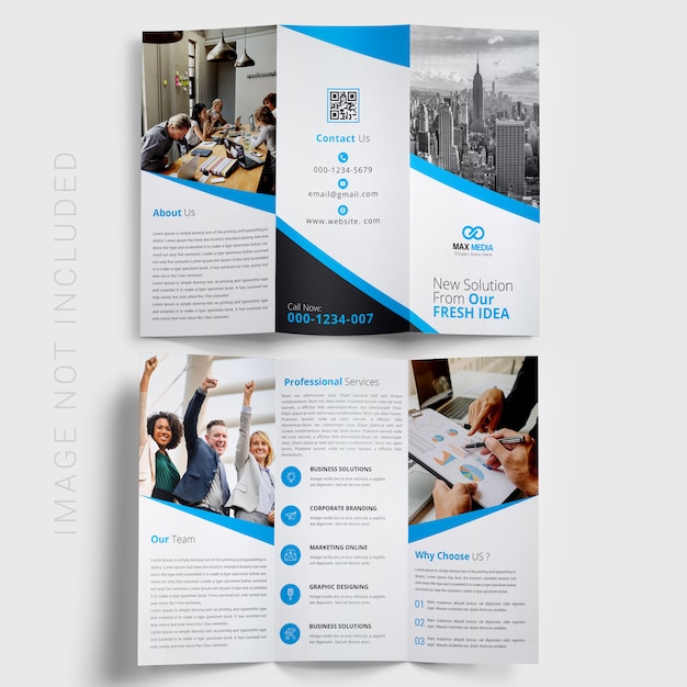 Blauwe driebladige brochure