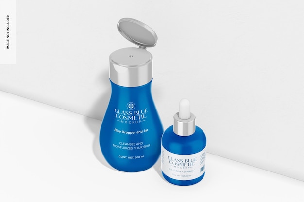 Blauwe druppelaar en pot Mockup hoge hoekmening