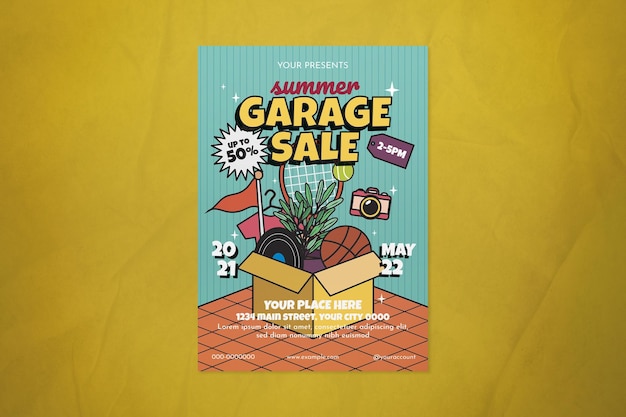 Blauwe flat design zomer garage sale flyer