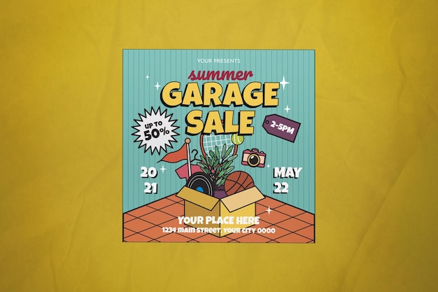 PSD blauwe flat design zomer garage sale instagram post