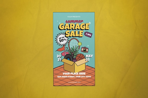 Blauwe flat design zomer garage sale instagram story