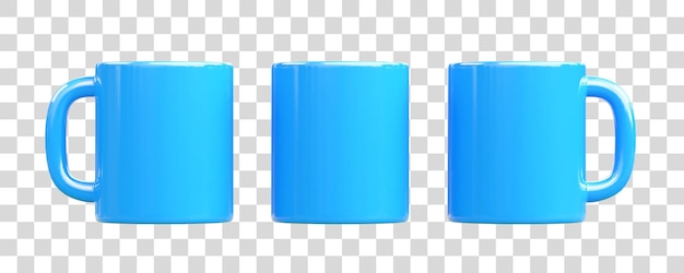 Blauwe keramische kopjes of lege mokken voor koffie drinken of thee op witte achtergrond Vooraanzicht 3D renderen