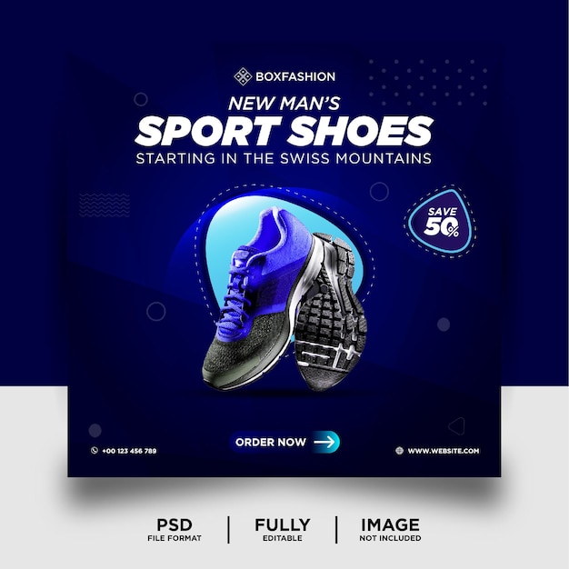 PSD blauwe kleurverloop sportschoenen merk product instagram banner