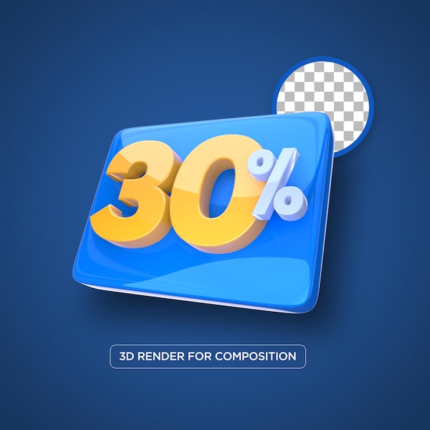 Blauwe knop in 3d render van 30 procent korting met transparante achtergrond voor creatieven