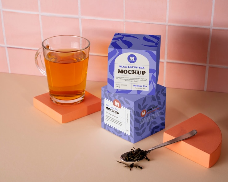 PSD blauwe lotus thee mockup