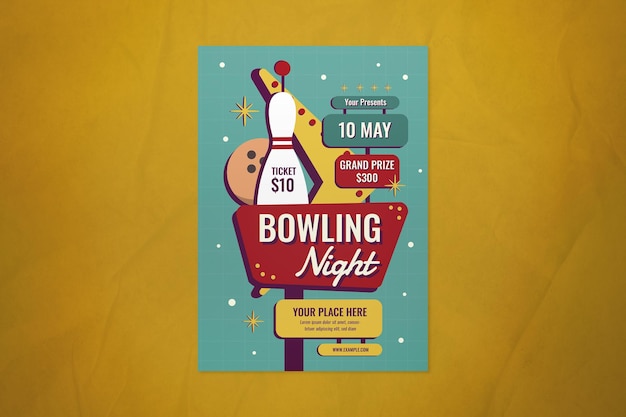 PSD blauwe platte ontwerp bowling night flyer