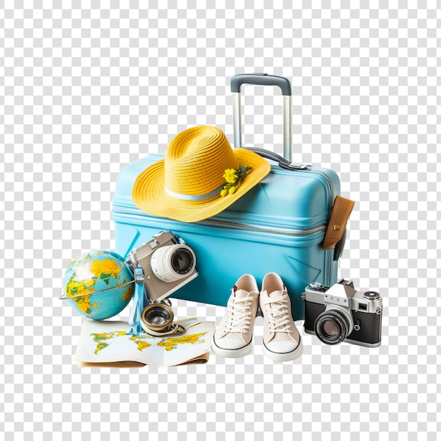 PSD blauwe reisbagage, hoed, kaart, camera, schoenen, vliegtuig, aardbol op een doorzichtige achtergrond.