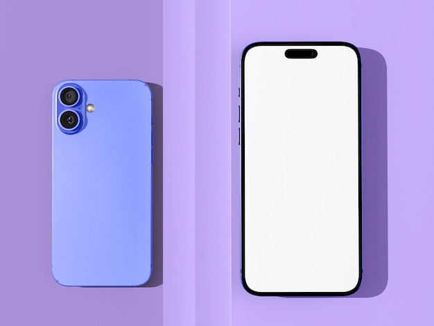 Blauwe smartphone op paarse achtergrond