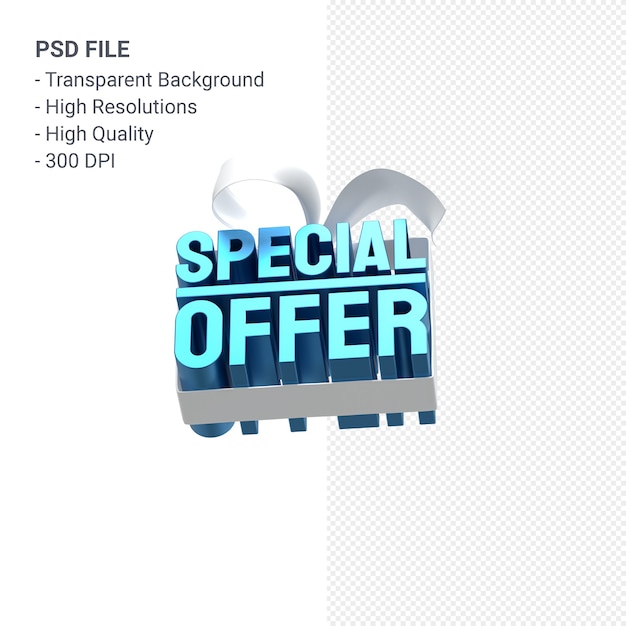 PSD blauwe speciale aanbieding verkoop 3d-ontwerp rendering te koop met witte boog en lint geïsoleerd