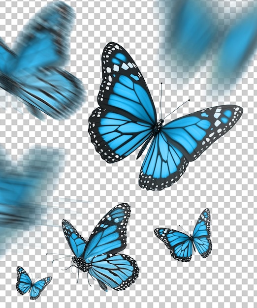 Blauwe vlinders vliegen op een doorzichtige achtergrond