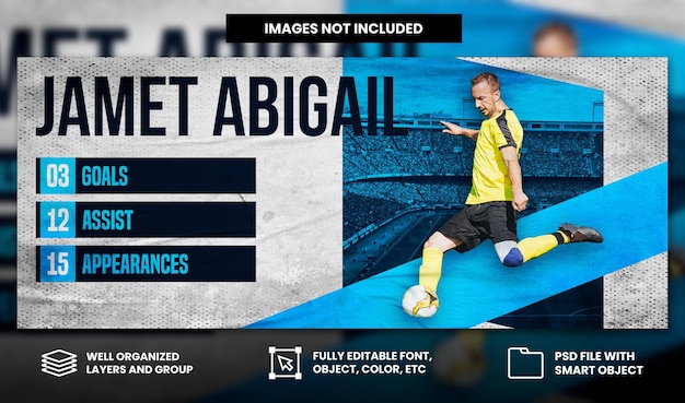 PSD blauwe voetbalsporttopspeler met gescheurd papier en grunge-effect social media facebook-bannersjabloon