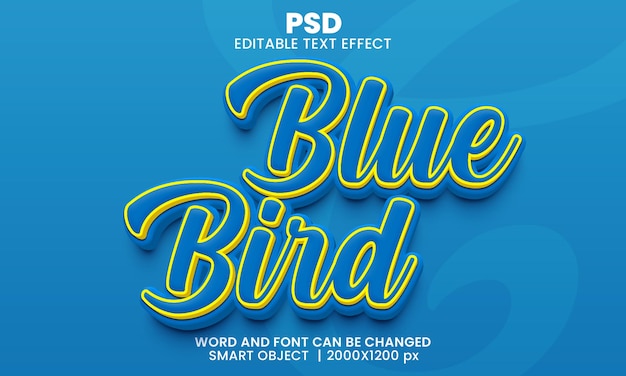 Blauwe vogel 3d bewerkbaar teksteffect premium psd met achtergrond