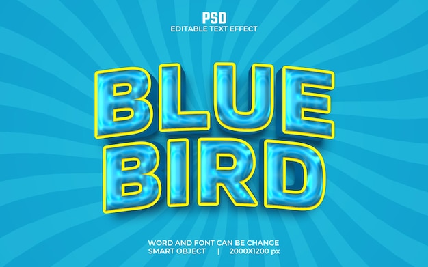 Blauwe vogel 3d bewerkbaar teksteffect premium psd met achtergrond