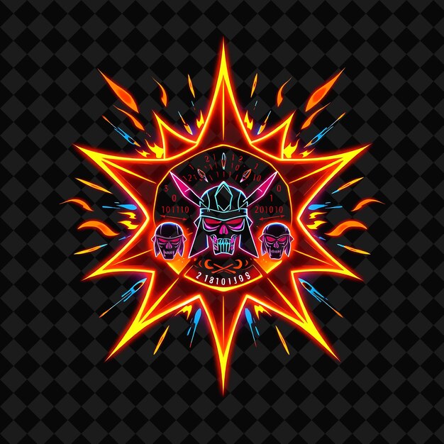 blazing neon around a star shaped badge with pulsing edges inside decorated with meteors binary co