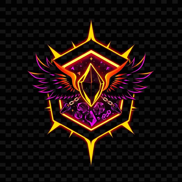 blazing neon illuminating a hexagonal badge with jagged tips inside holds wings chains and shatter