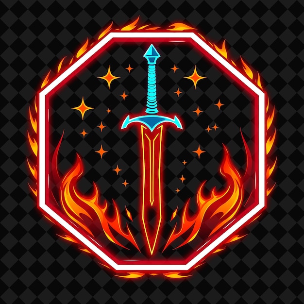 blazing neon inside a hexagonal badge with a flaming sword silhouette and fiery border inside are
