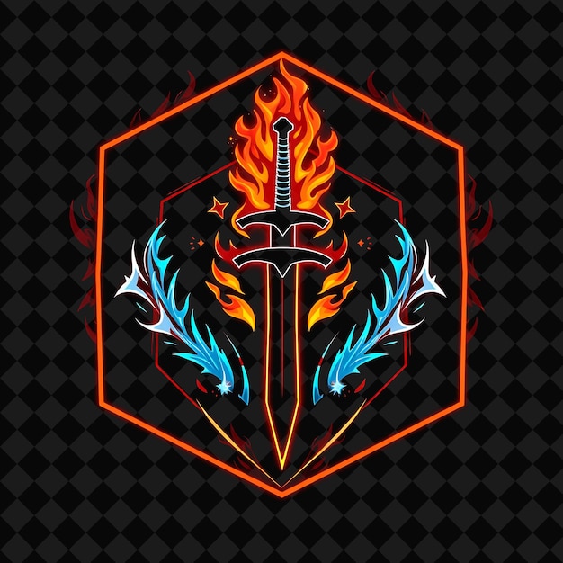 blazing neon inside a hexagonal badge with a flaming sword silhouette and fiery border inside are
