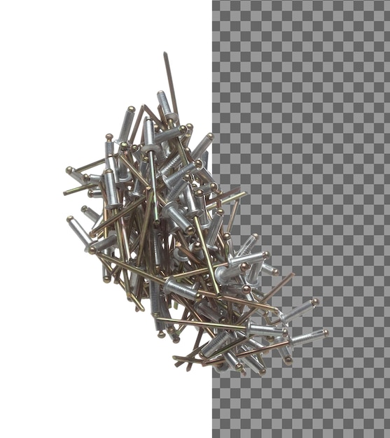 blind rivet nail fly in air many bulk blind rivet group float up over white background isolated rivet for industry used as meterial hardware tool to joint part metallic repair fix