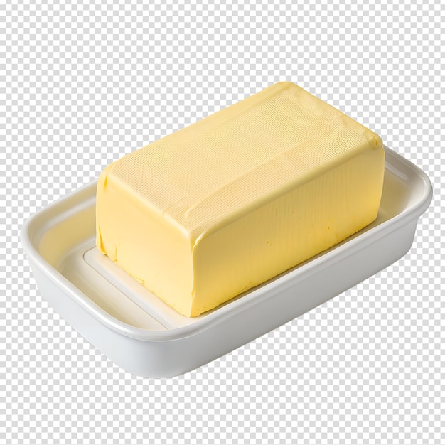 Block of fresh butter in a dish isolated on the transparent background natural dairy ingredient