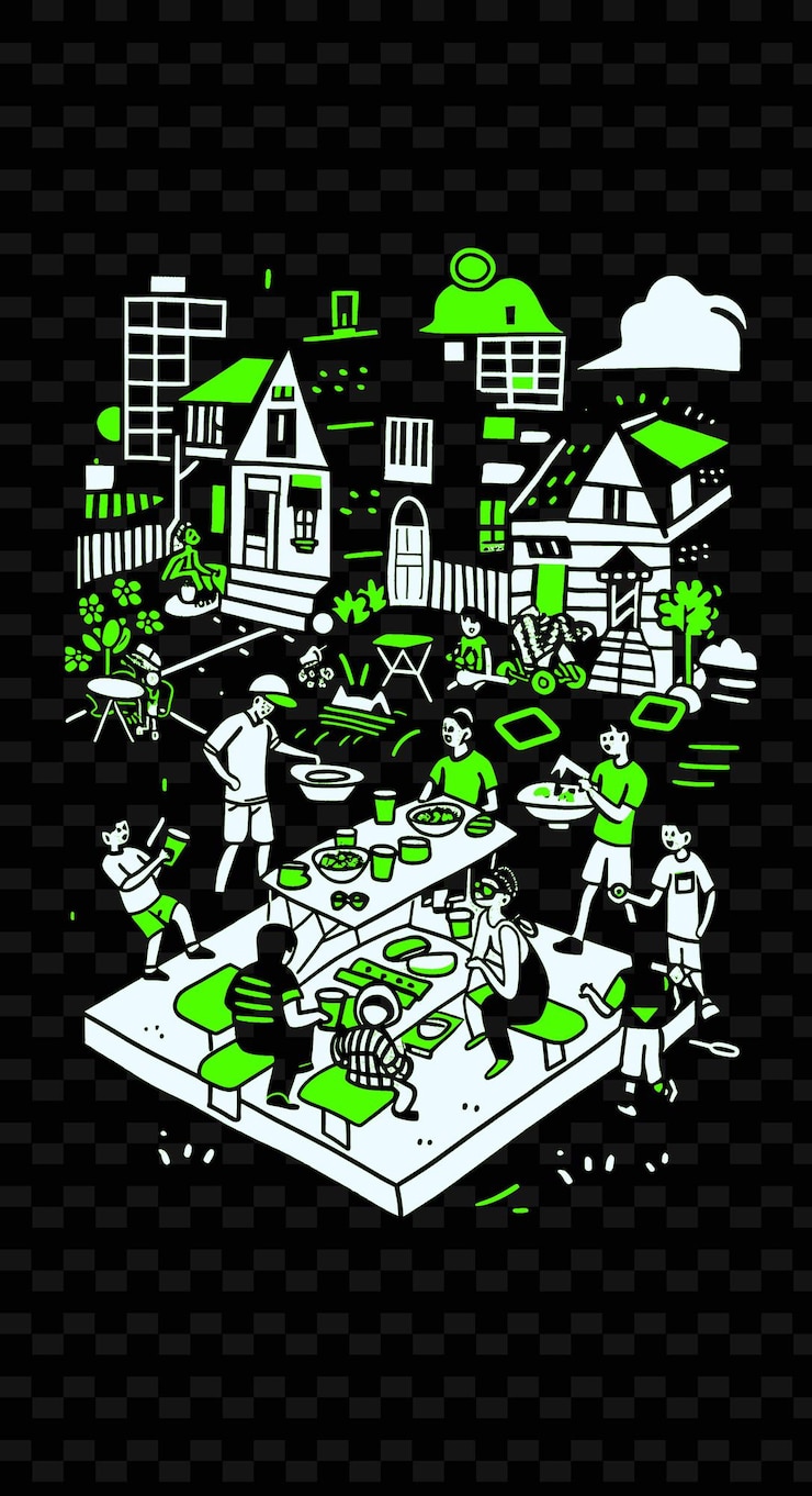 PSD a block party with neighbors enjoying food and drinks kids p creative illustration idea designs