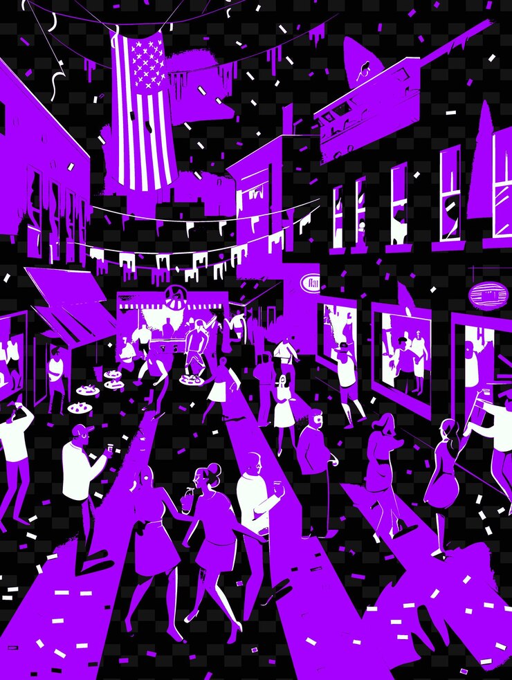 PSD block party with people dancing and enjoying food red white creative illustration idea designs
