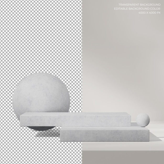 block shape and sphere 3d image render transparent background of white concrete podium in square