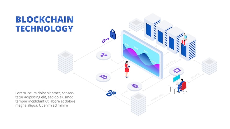 PSD blockchain and cryptocurrency design concept with people isometric illustration