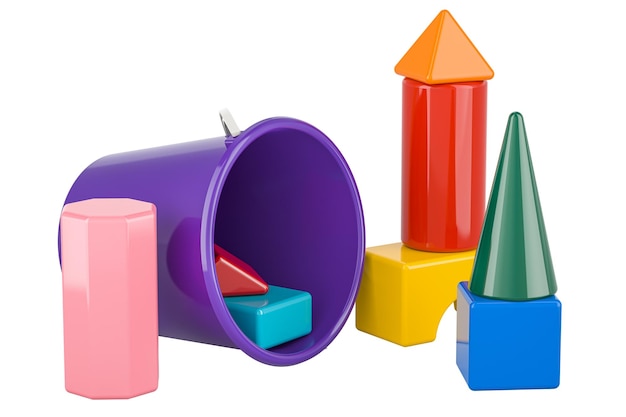 Blocks building and plastic bucket 3D rendering isolated on transparent background