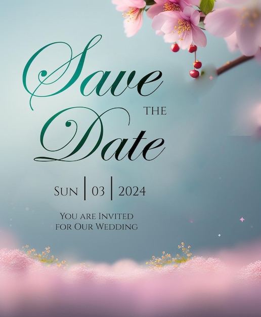 PSD bloeiende kersenbloesems bruiloft uitnodiging sjabloon vintage roze bloemen bewaar de datum bruilofts uitnodiging