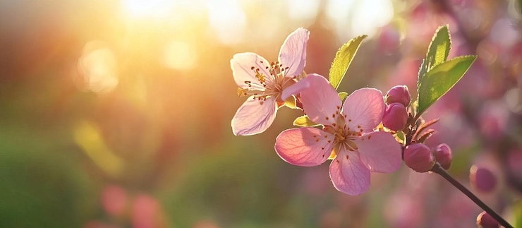 PSD bloeiende perzikboom bij zonsondergang