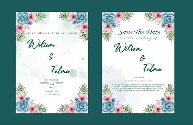 Bloemen bruiloft uitnodiging sjabloon set met marine en perzik aquarel rozen psd