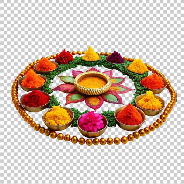 PSD bloemen rangoli voor diwali of pongal gemaakt met behulp van marigold of zendu bloemen en rode roosblaadjes