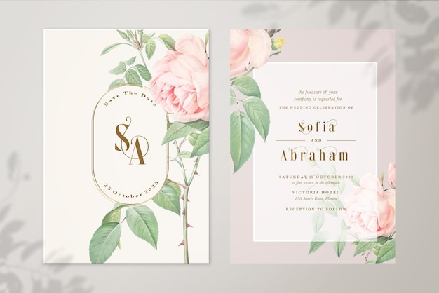 Bloemenhuwelijksuitnodiging en save the date met roze roos