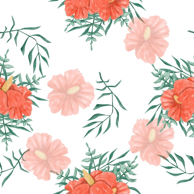Bloemloos patroon met koraalbloemen en groene bladeren Aquarel illustratie Klaar sjabloon