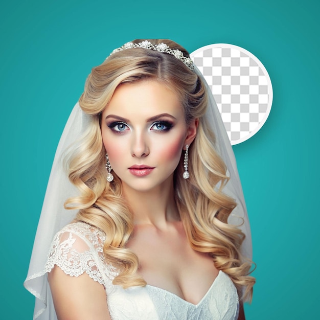 PSD blond model in wedding dress and bridal makeup