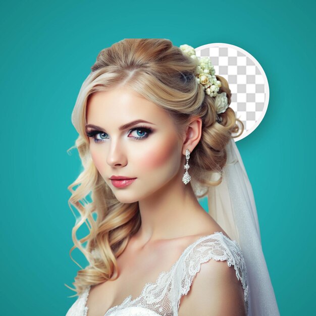 PSD blond model in wedding dress and bridal makeup