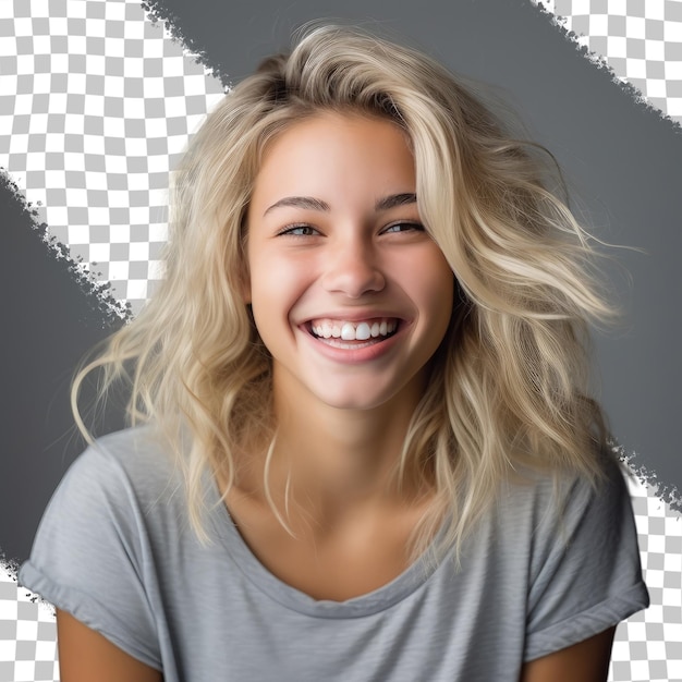 Blond woman smiling and posing on transparent background