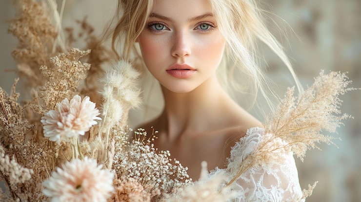 PSD 細なメイクアップとボホの花束を着た金の女性